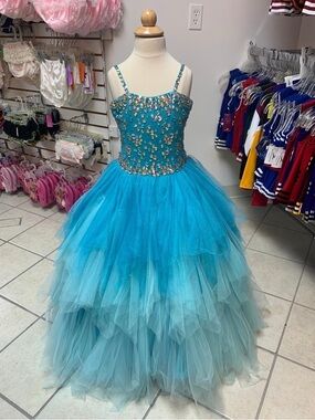 Sz 4 Perfect Angel Blue Beaded Ombré Kerchief Skirt Long Pageant Ballgown Dress
